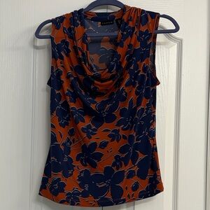 Tahari Navy and Orange Floral Blouse